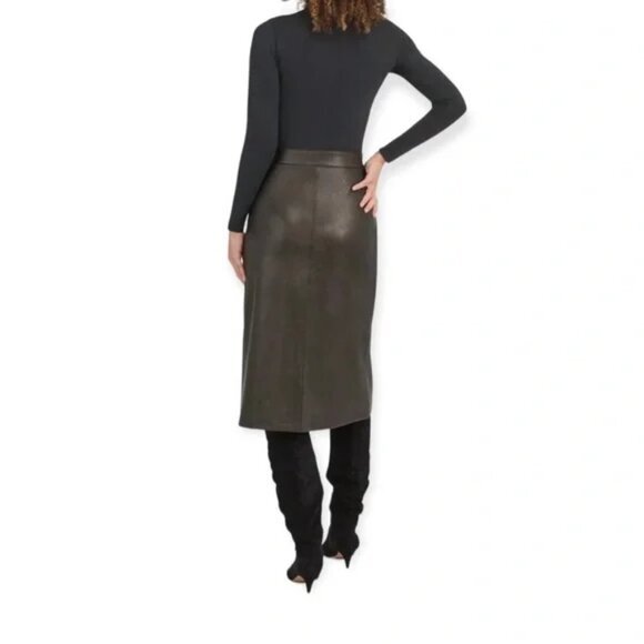 SPANX Leather Like Faux Leather Pull On Midi Skirt M Black #20321R - Picture 2 of 14